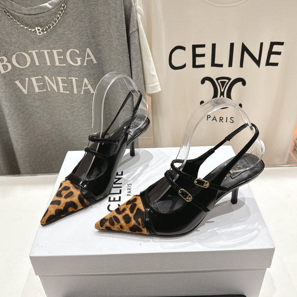 Celine 25C Judy Double Strap Mary Jane Slingback Black mix Brown Sheepskin 236777