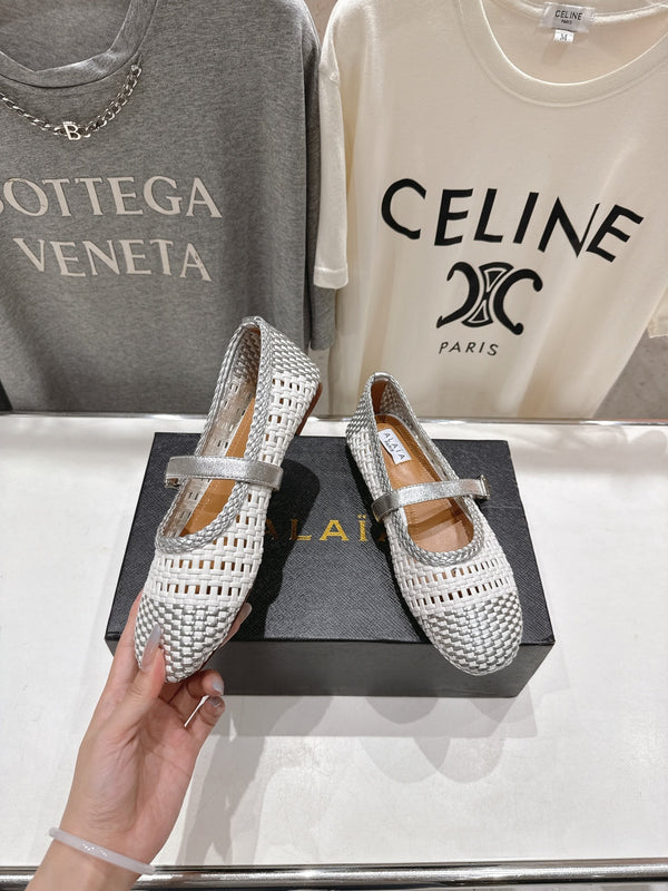 ALAIA MARY JANE FLATS in pelle di vitello intrecciata grigio misto bianco