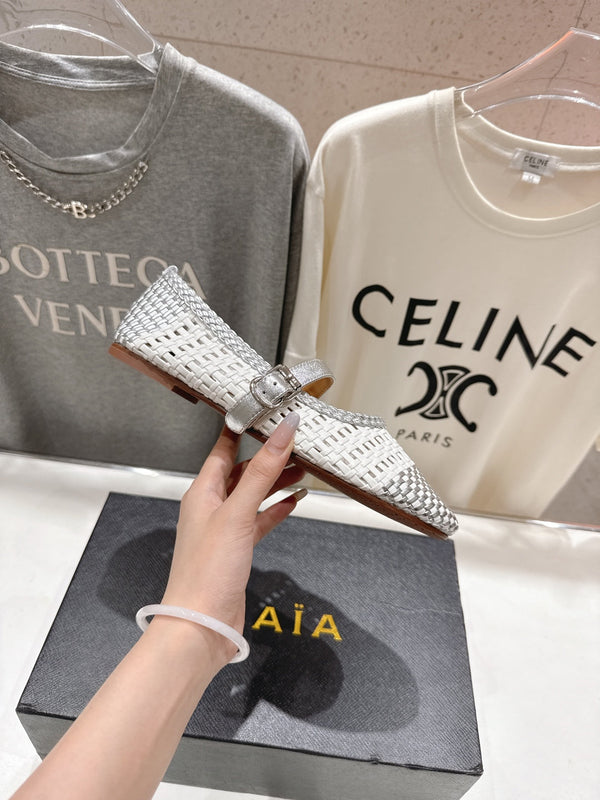 ALAIA MARY JANE FLATS in pelle di vitello intrecciata grigio misto bianco