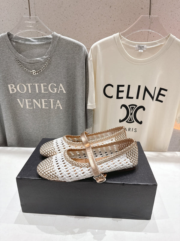 ALAIA MARY JANE FLATS bianco mix metallizzato oro champagne pelle di vitello intrecciata