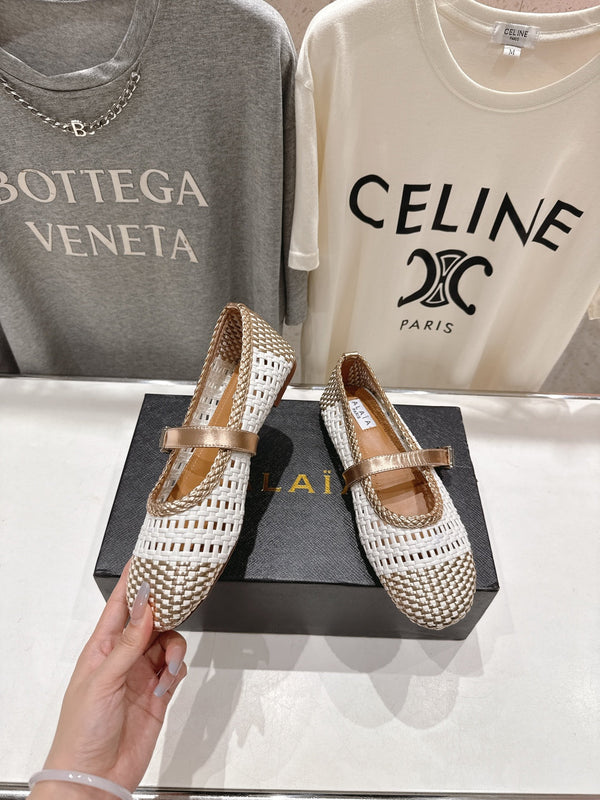 ALAIA MARY JANE FLATS bianco mix metallizzato oro champagne pelle di vitello intrecciata
