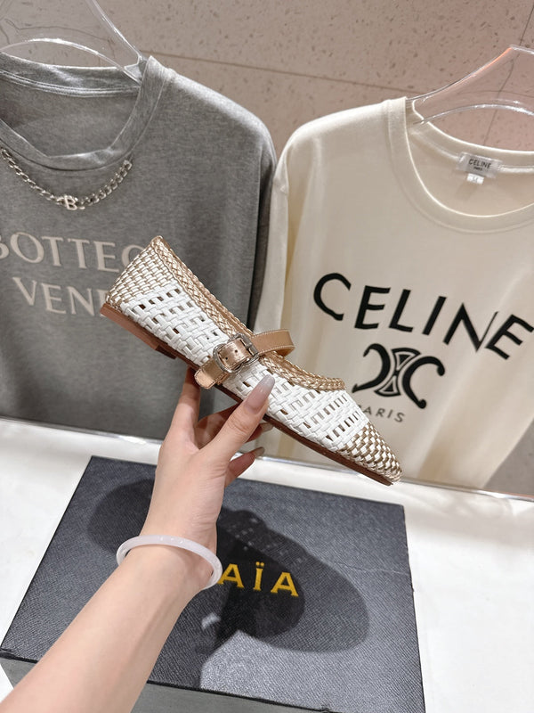 ALAIA MARY JANE FLATS bianco mix metallizzato oro champagne pelle di vitello intrecciata