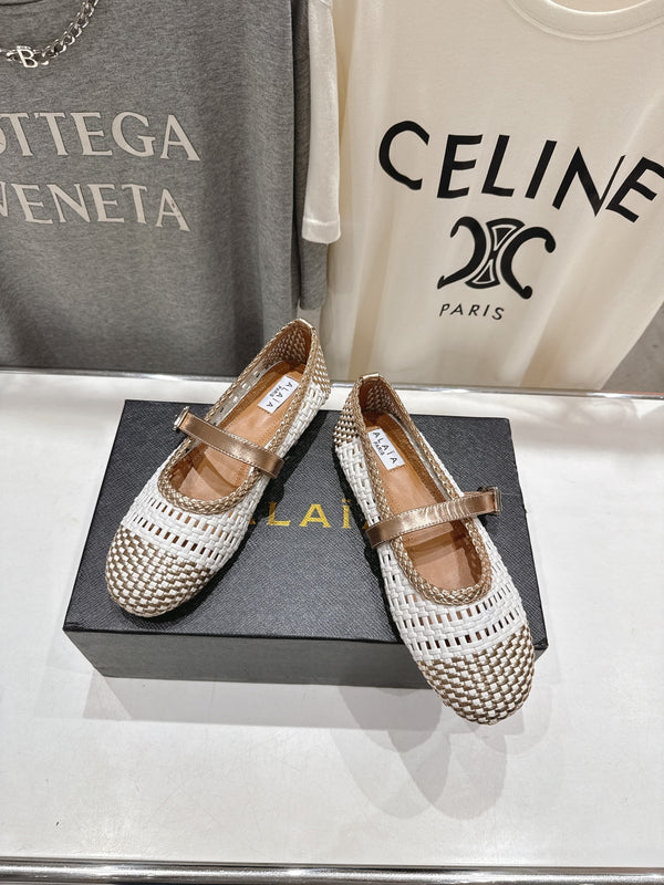 ALAIA MARY JANE FLATS bianco mix metallizzato oro champagne pelle di vitello intrecciata