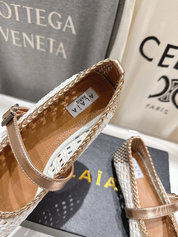 ALAIA MARY JANE FLATS bianco mix metallizzato oro champagne pelle di vitello intrecciata