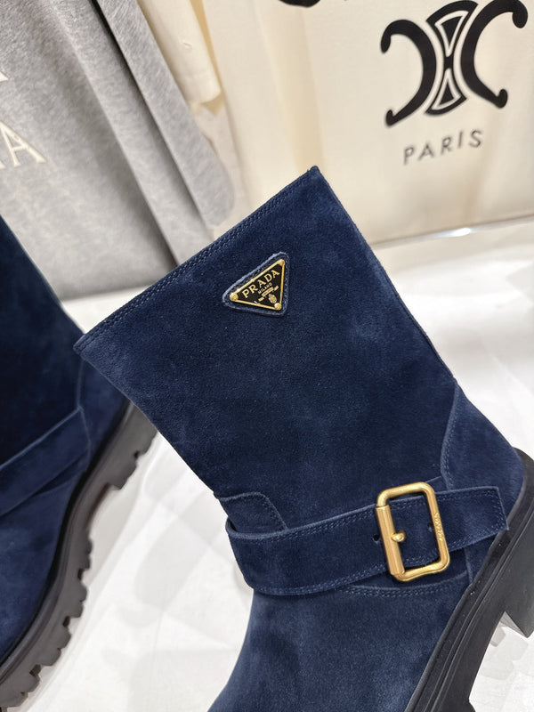 Prada 25 Boot Navy Blue Black Cowhide Suede 491869
