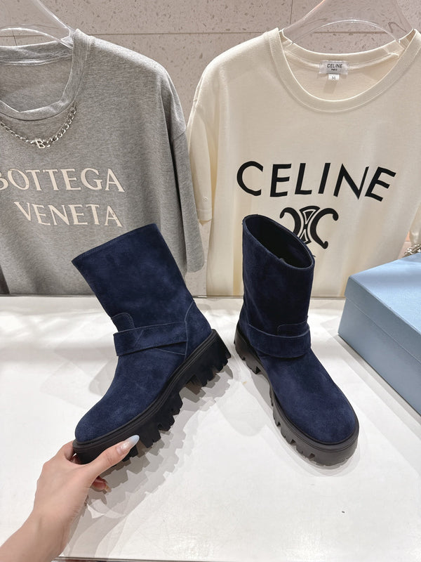 Prada 25 Boot Navy Blue Black Cowhide Suede 491869