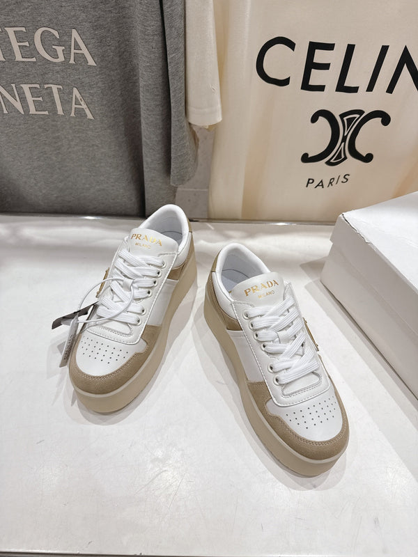 Prada 25s Platform Sneakers White Beige Calfskin And Suede 535494