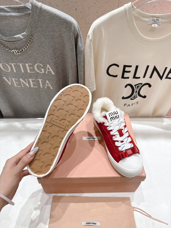 MiuMiu 25 Sneaker Red White Suede Cowhide Fur 535585