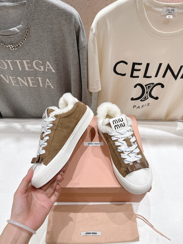 MiuMiu 25 Sneaker Light Brown White Suede Cowhide Fur 535587