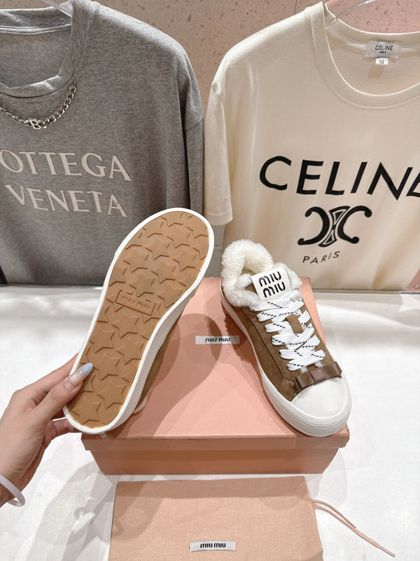 MiuMiu 25 Sneaker Light Brown White Suede Cowhide Fur 535587