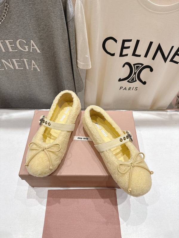 MiuMiu 25 Ballet Flat Yellow Lambskin Wool 535594