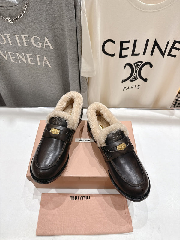 MiuMiu 25 Fur Loafer Dark Brown mix Beige Cowhide 535596