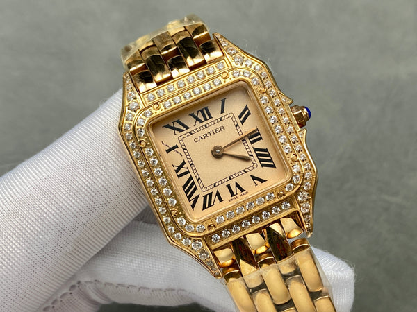 Panthere 27mm cassa in oro rosa lunetta con diamanti 