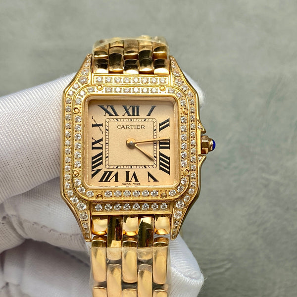 Panthere 27mm cassa in oro rosa lunetta con diamanti 