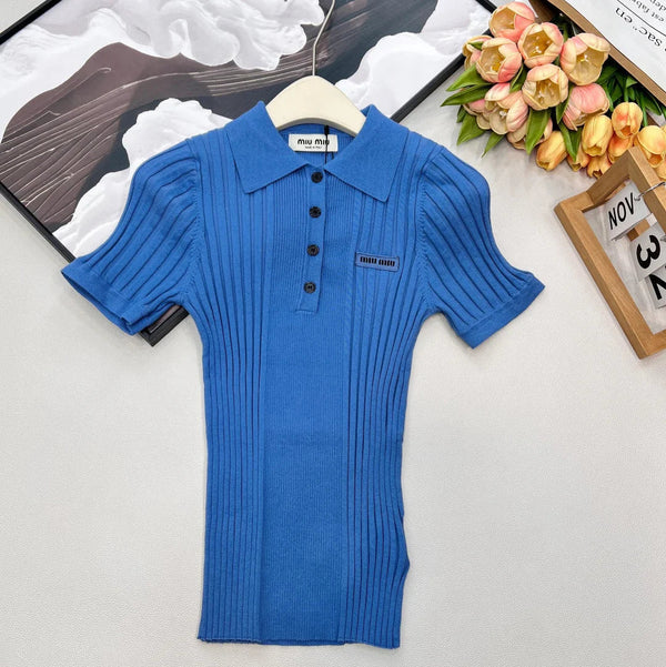 Miumiu 2026 Collared Logo Short-Sleeve Knit Top Blue Cotton