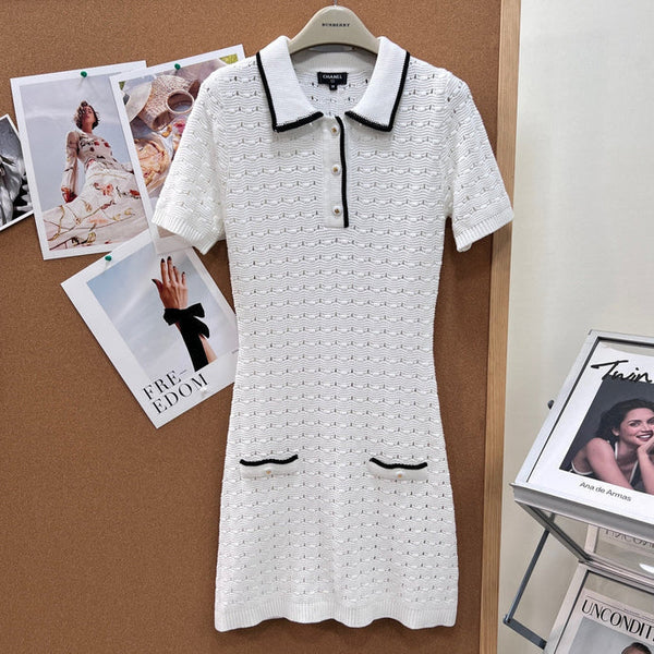 CC 2026 Polo Collar Openwork Knit Dress White Cotton 434950