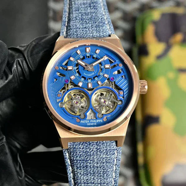 Patek Philippe Double Tourbillon Blue Skeleton Dial 44mm Watch Denim Strap