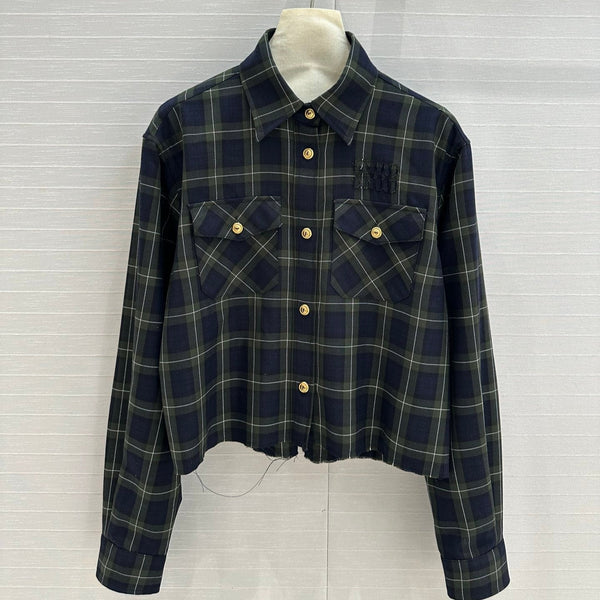 Camicia corta a quadri Miu Miu in lana verde blu