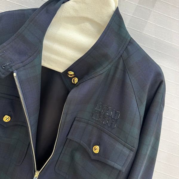Miu Miu Plaid Drop Shoulder Jacket Green Blue Wool