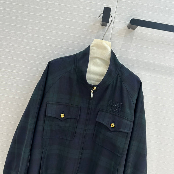 Miu Miu Plaid Drop Shoulder Jacket Green Blue Wool