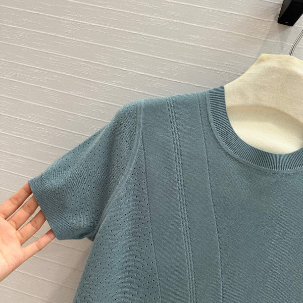 Maglia a maniche corte in maglia cava Hm 25, blu e verde, in cotone Tencel