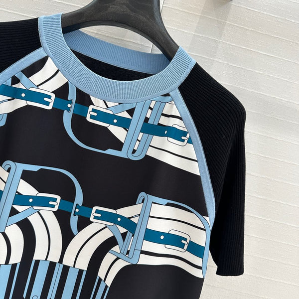 Hm 25 Print Patchwork Knit Top Black Blue Tencel Wool