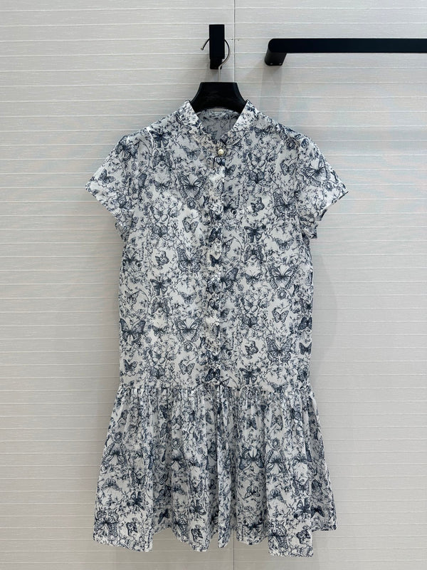 CD 2025 Butterfly Printed Long Skirt White mix Navy Blue Cotton