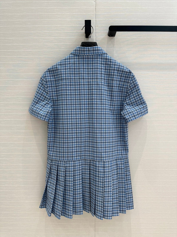 Abito camicia a pieghe a quadri Miu Miu in cotone blu