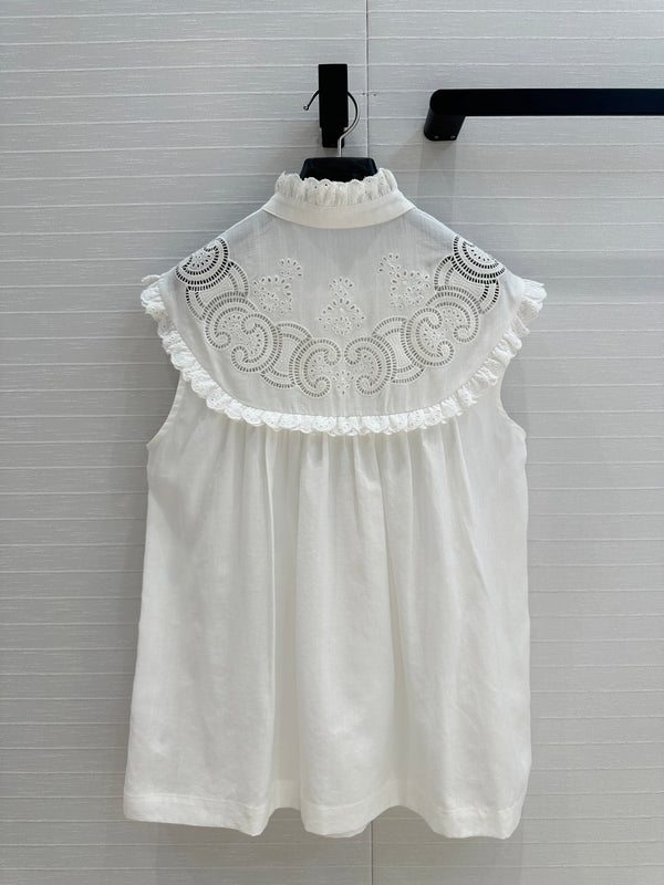 Celine 25 Lace Sleeveless Shirt White Cotton