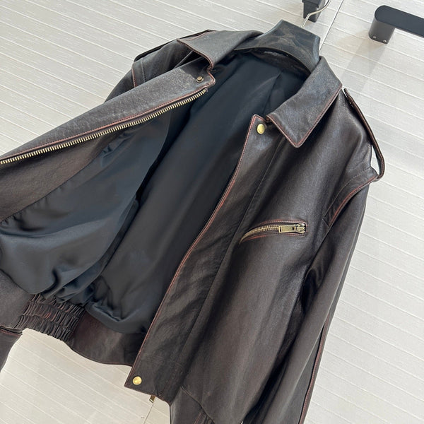 YSL Right-angle Shoulder Silhouette Jacket Black Brown Lambskin