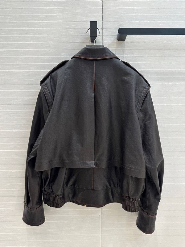 YSL Right-angle Shoulder Silhouette Jacket Black Brown Lambskin