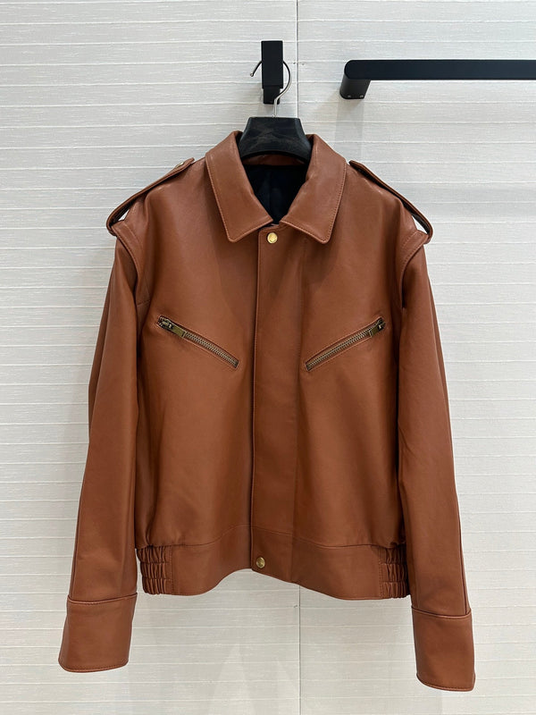 YSL Right-angle Shoulder Silhouette Jacket Brown Lambskin