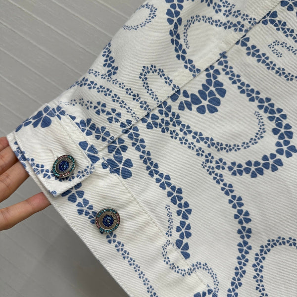 CC 25 Gilet in denim stampato con scollo rotondo, blu e bianco, in cotone
