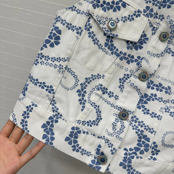 CC 25 Gilet in denim stampato con scollo rotondo, blu e bianco, in cotone