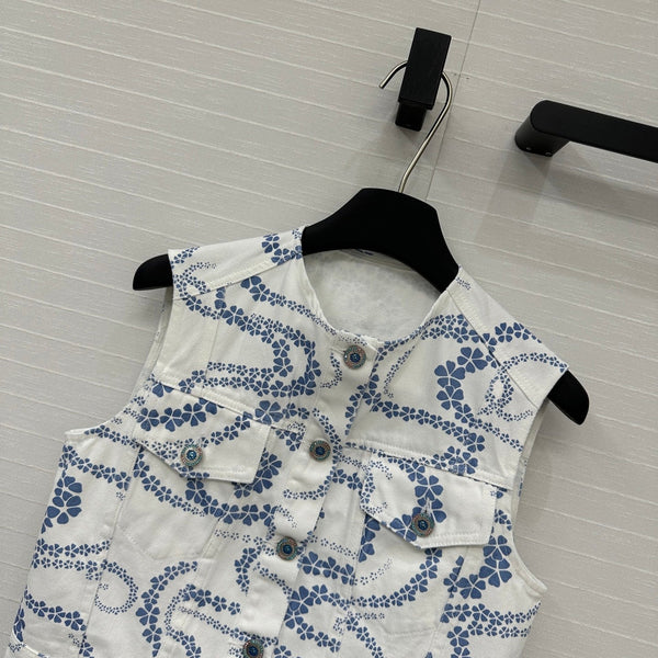 CC 25 Gilet in denim stampato con scollo rotondo, blu e bianco, in cotone
