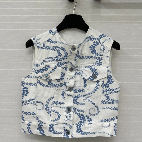 CC 25 Gilet in denim stampato con scollo rotondo, blu e bianco, in cotone
