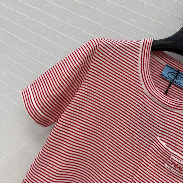 Prada 25 Striped Short-sleeved Knitted Top Red Cotton