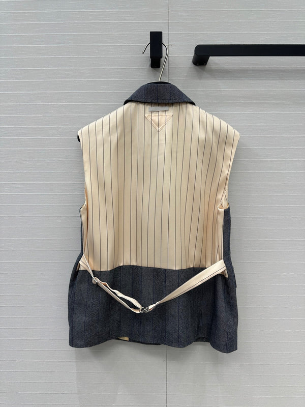 Prada 25 Striped Vest Jacket Grey Wool Cotton Polyester