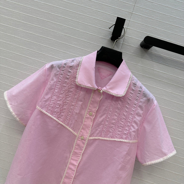 Prada 25 Lace Short-sleeved Shirt Pink Cotton