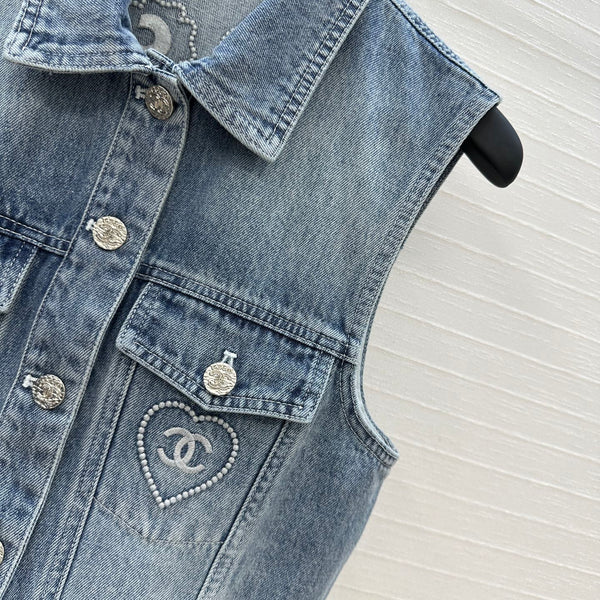 CC 25 Embroidered Vest Jacket Blue Denim Cotton