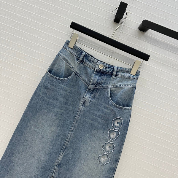 Gonna midi ricamata CC 25 in denim blu e cotone