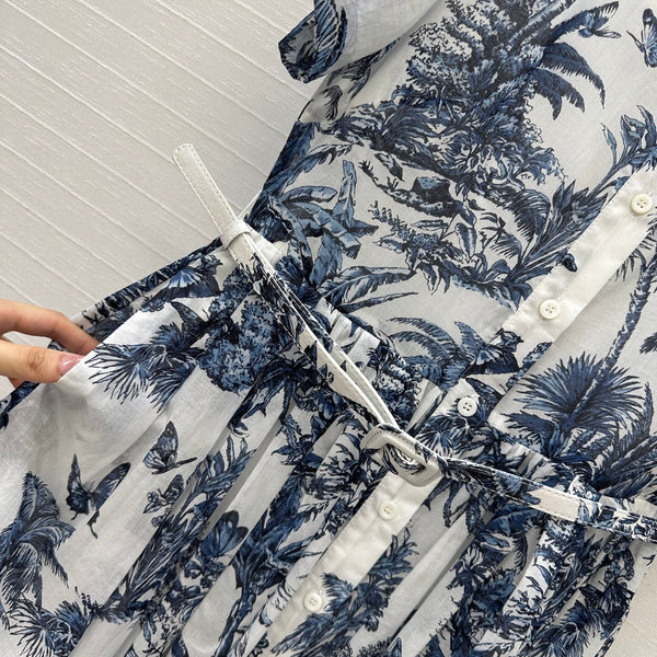 CD 25 Butterfly Coconut Print Shirt Dress White Blue Cotton