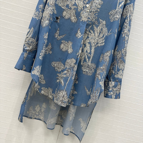 CD 25 Pleated Flared Forest Shirt Blue White Cotton