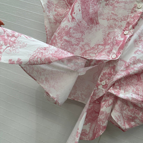 CD 25 Flying Sleeve Short Shirt White Pink Cotton