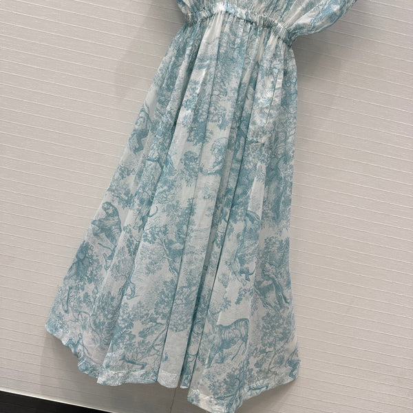 CD 25 Sauvage Jouy Boat Neck Dress Light Blue mix White Cotton