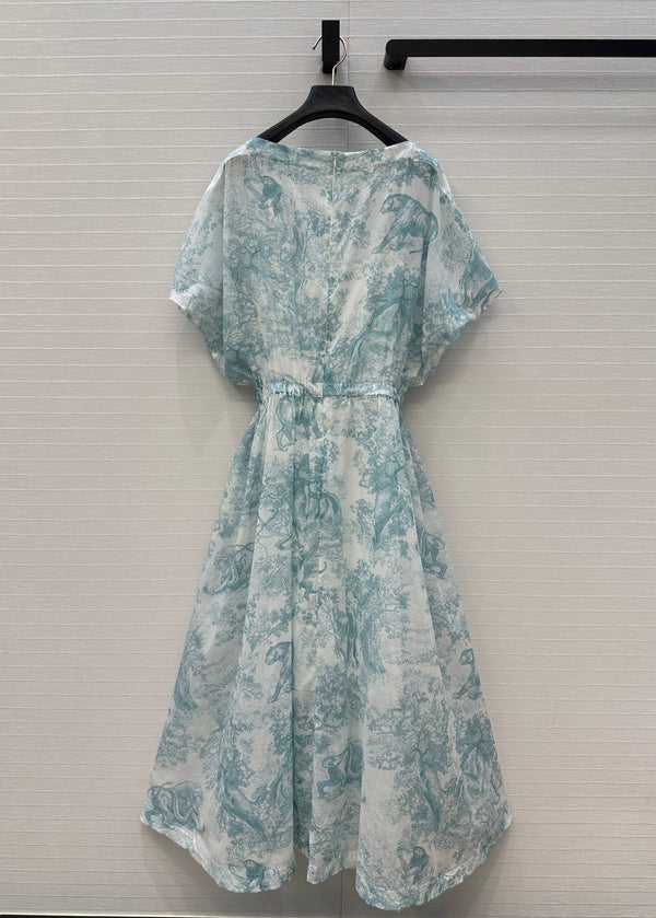 CD 25 Sauvage Jouy Boat Neck Dress Light Blue mix White Cotton