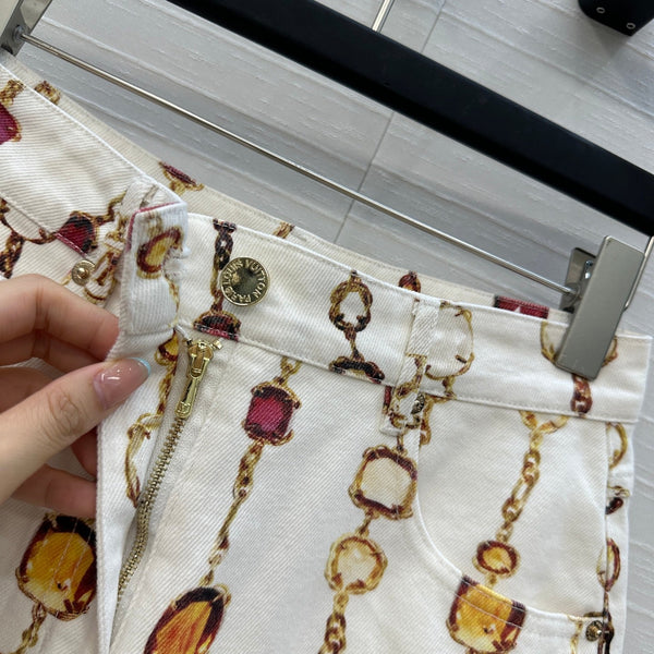 LV 25 Bourgoise Series Printed Zipper Denim Shorts White Cotton