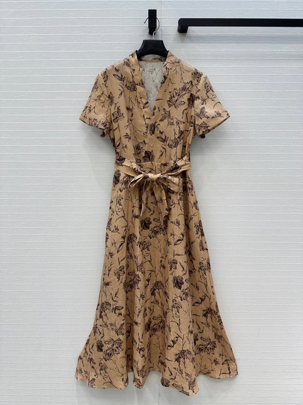 CD 25 Floral Print V-neck Long Skirt Beige mix Dark Brown Linen