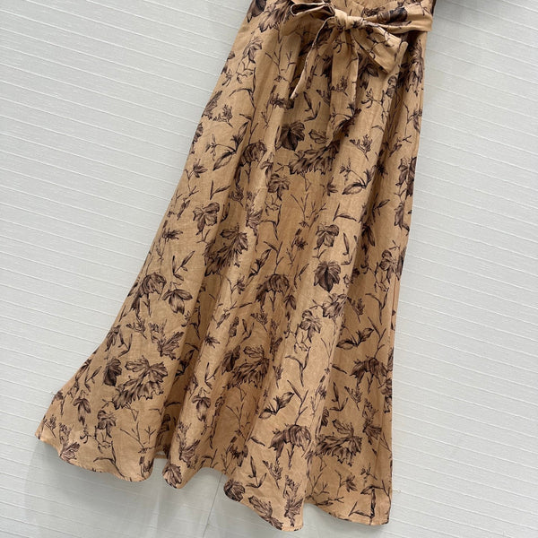 CD 25 Floral Print V-neck Long Skirt Beige mix Dark Brown Linen