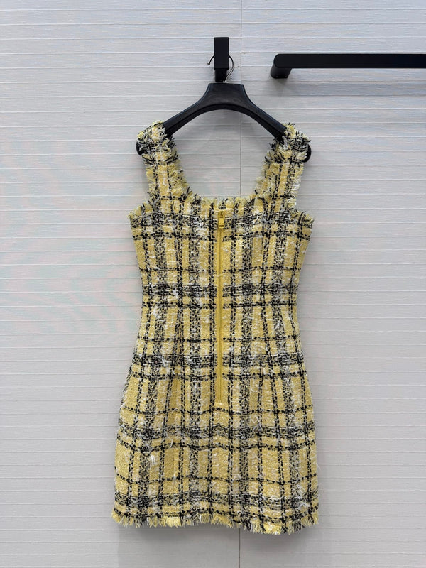 Balmain 26s Slip Dress Yellow Black Tweed 346071